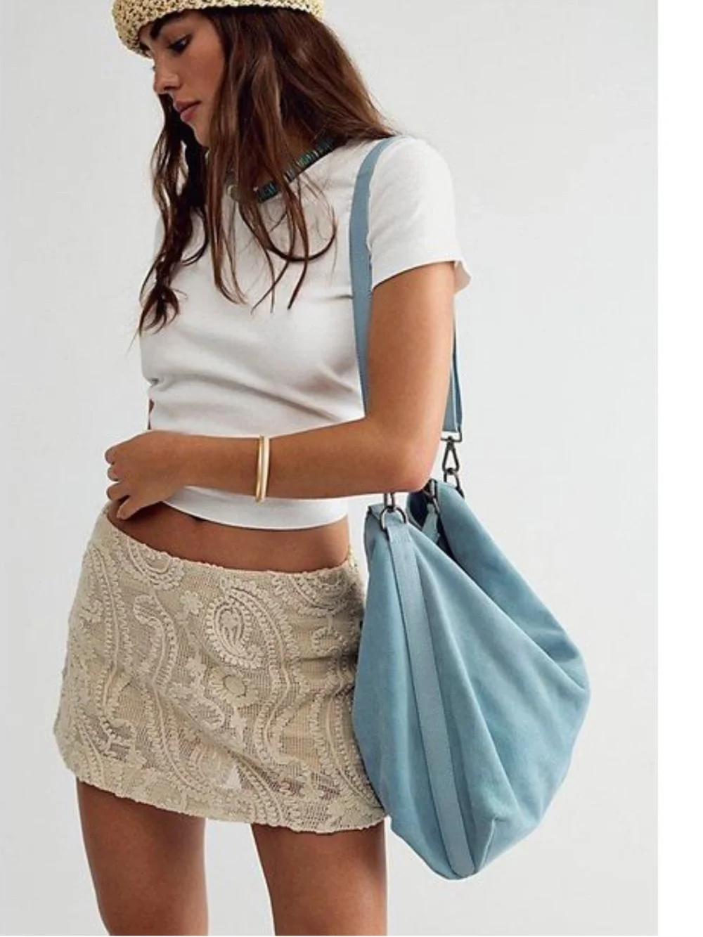 NWT Free People Suzie Suede Soft Light Blue Leather Shoulder Bag